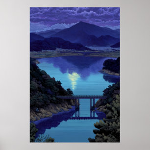 Poster Montagne du lac de nuit bleu serein avec art de po