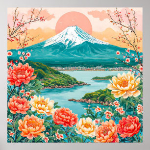 Poster Montagne enneigée Lac serein Fleur