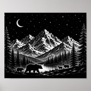 Poster Montagne mystique, nuit sauvage, style linogravure