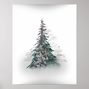 Poster Montagne neigeuse avec arbre solitaire