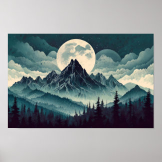 Poster Montagne noire avec grande lune