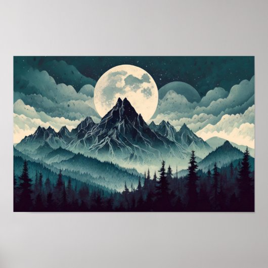 Poster Montagne noire avec grande lune (Devant)