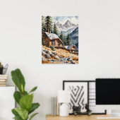 Poster Montagnes aquarelles avec maison en bois (Bureau à domicile)