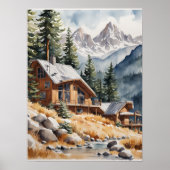 Poster Montagnes aquarelles avec maison en bois (Devant)