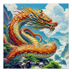 Poster Montagnes de dragon orange fantaisistes mignonnes