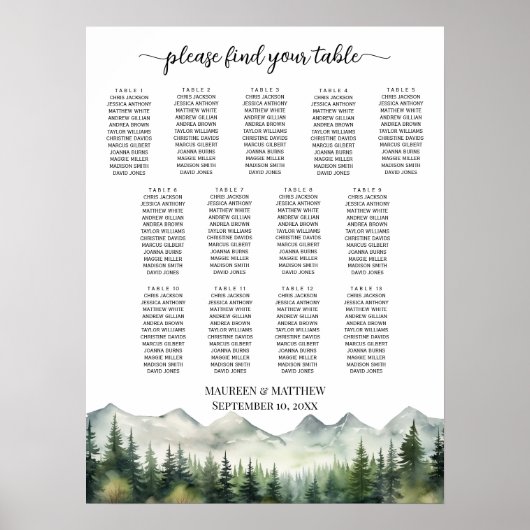 Poster Montagnes et Pins 13 Tables Plan de table de maria (Devant)
