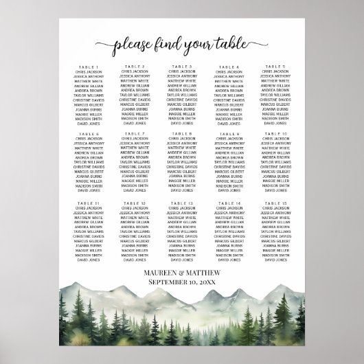 Poster Montagnes et Pins 15 Tables Plan de table de maria (Devant)