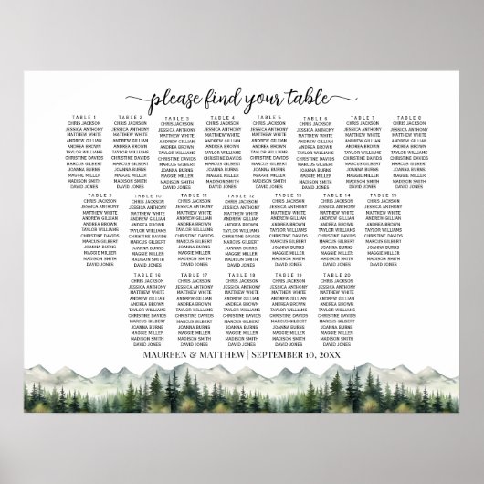Poster Montagnes et Pins 20 Tables Plan de table de maria (Devant)