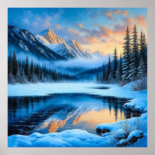 Poster Montagnes Majestueuses Enneigées se Reflétant (Devant)