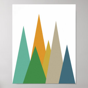 Poster Montagnes Moderne Milieu de Siècle Vert Bleu Orang