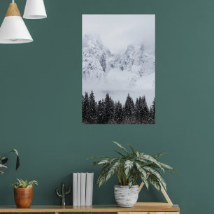 Poster Montagnes neigeuses et forêt d'épinettes
