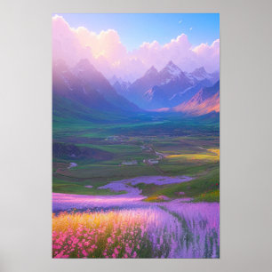 Poster Montagnes neigeuses et village caché