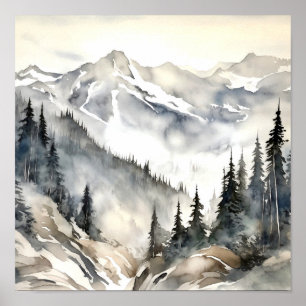 Poster Montagnes Rocheuses Peinture Forêt De Pins Fumés