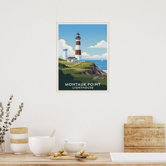 Poster Montauk Point Lighthouse, Coastal Cliff & Sailboat (Cuisine)