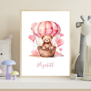 Poster Montgolfière Ours en Peluche Rose pour la Nurserie