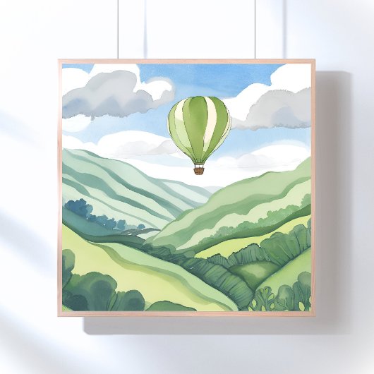 Poster Montgolfière | Paysage aquarelle vert