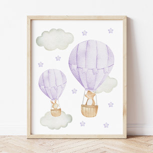 Poster Montgolfière violette, Animaux, Ours, Lapin