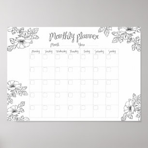 Poster Monthly Planner hand sketch flowers and leaves