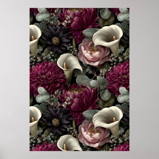 Poster Moody Floral Pattern with Dahlias and Calla Lilies (Devant)