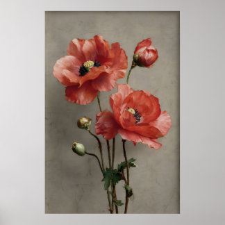 Poster Moody Poppies Flower Print, Vintage Dark Academia