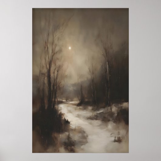 Poster Moody Winter Forest Wall Art, Moonlit Snowy (Devant)