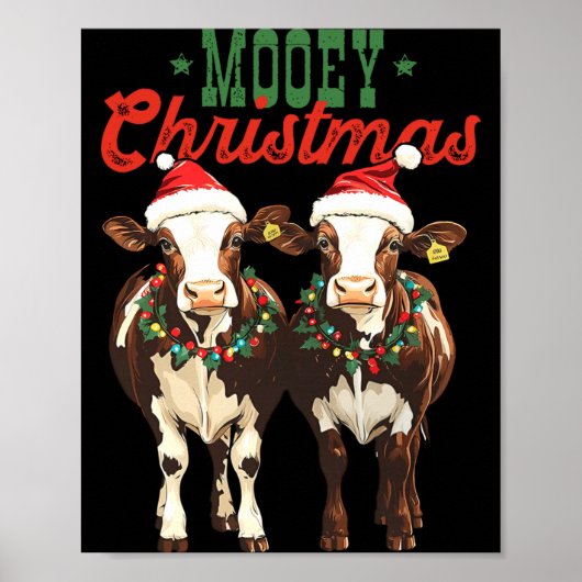 Poster Mooey Christmas Cow With Santa Hats Xmas Lights Me (Devant)