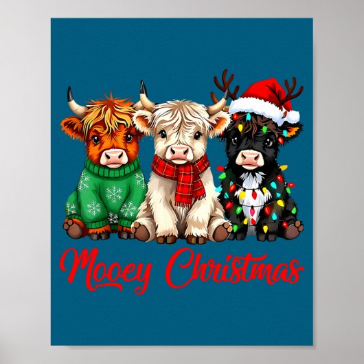 Poster Mooey Christmas Lights Santa Hat Xmas Highland Cow (Devant)
