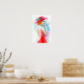 Poster mooie vrouw in rood pet en jurk (Keuken)