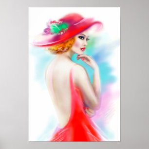 Poster mooie vrouw in rood pet en jurk