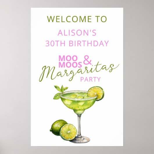 Poster MooMoos & Margaritas Pink Birthday Welcome Sign (Devant)