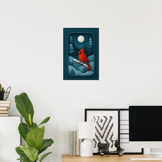 Poster Moonlit Cardinal in Winter Forest (Bureau à domicile)