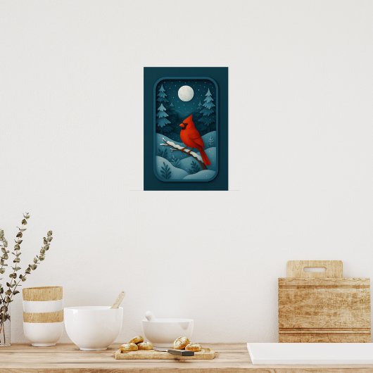 Poster Moonlit Cardinal in Winter Forest (Cuisine)