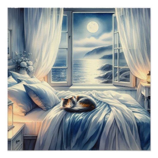 Poster Moonlit Coastal Bedroom with Sleeping Cat (Devant)