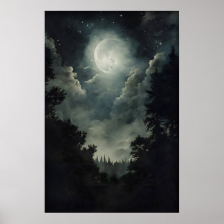 Poster Moonlit Forest Print, Gothic Witchy Decor, Dark
