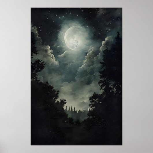 Poster Moonlit Forest Print, Gothic Witchy Decor, Dark (Devant)