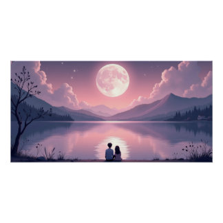 Poster Moonlit Lake Romantic Night Valentine’s Day 