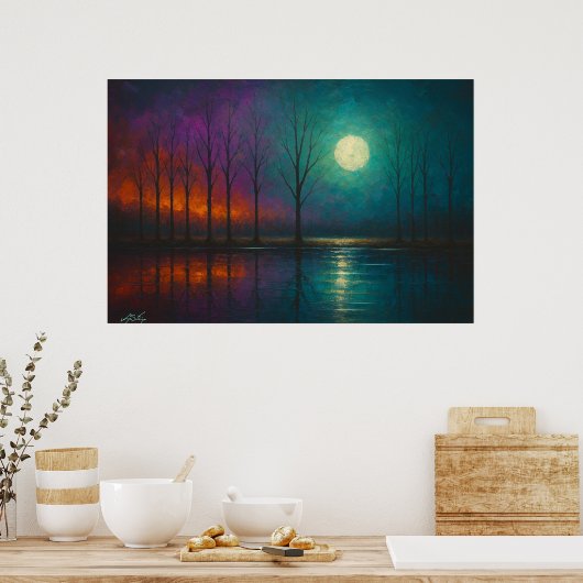 Poster Moonlit Mirage Fiery Trees and Teal Reflections (Cuisine)