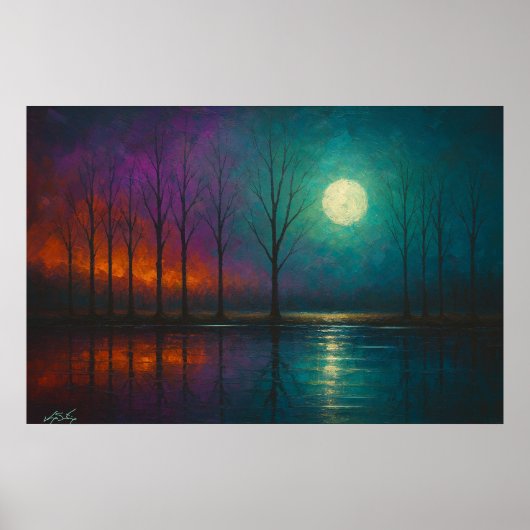 Poster Moonlit Mirage Fiery Trees and Teal Reflections (Devant)