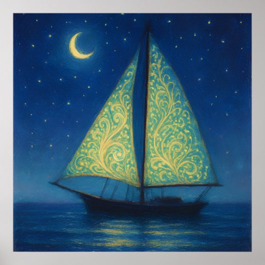Poster Moonlit Sailboat - Pastel Peinture Style Art de nu (Devant)