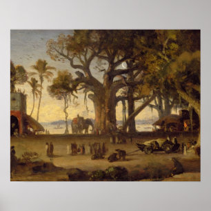 Poster Moonlit Scene of Indian Figures and Elephants amon