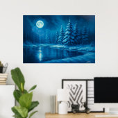Poster Moonlit Winter Forest by a Lake (Bureau à domicile)