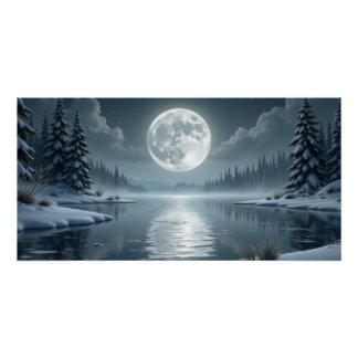 Poster Moonlit Winter Lake – Serene Night Landscape Art