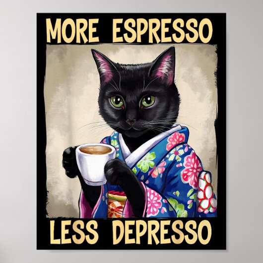 Poster More Espresso Less Depresso Japanese Art Funny Cat (Devant)
