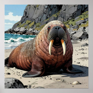 Poster Morse mignon sur une plage de sable