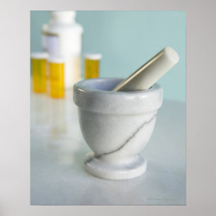 Poster Mortar and Pestle, Pill Bottles in Background