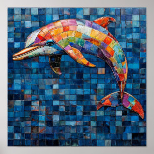 Poster Mosaïque de dauphin colorée - Art de vague océaniq