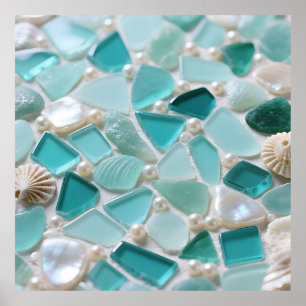 Poster Mosaïque de verre de mer Charme côtier turquoise