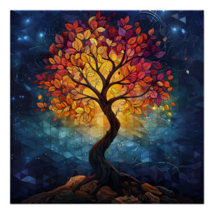 Poster Mosaïque géométrique de radiance d'arbre d'automne