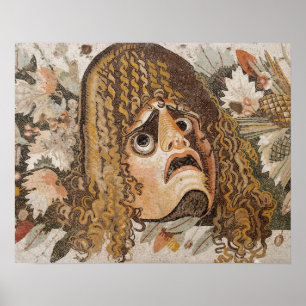 Poster Mosaïque romaine, avec masque, feuilles et fruits