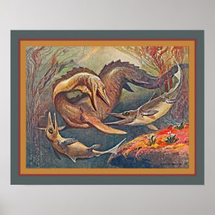 Poster Mosasaurus & Ichthyosaures ca.1912 Heinrich Harder